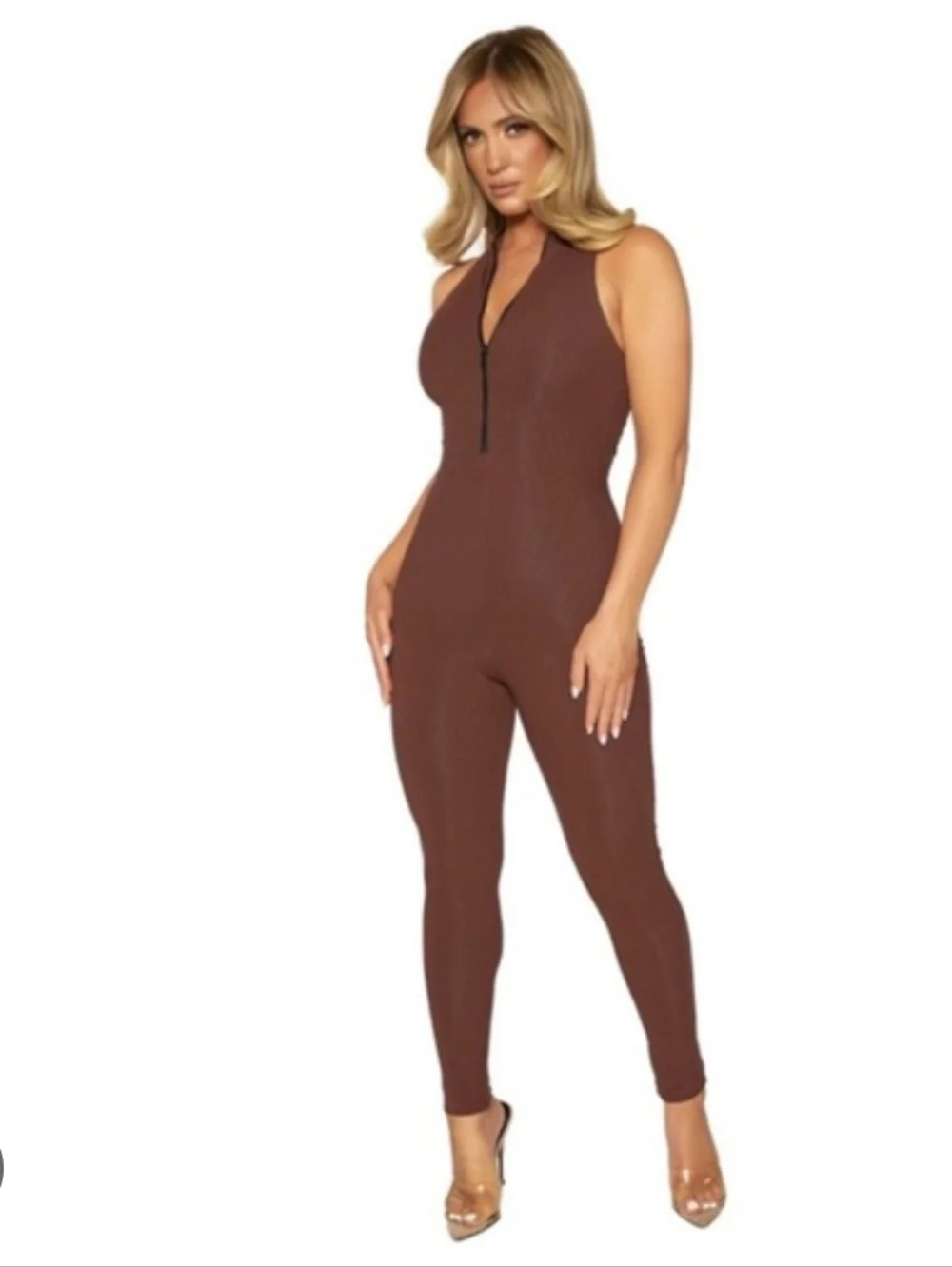 Naked Wardrobe Baby Mama Brown Sleeveless Zip Front Jumpsuit Maternity Nursing S - Picture 2 of 9